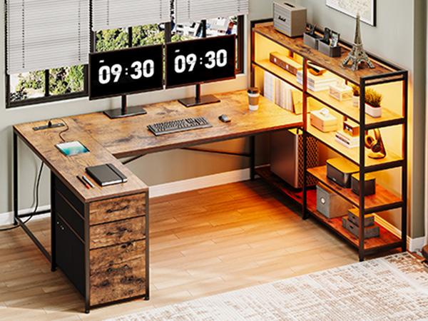 Sedeta 64.5 inch LED L-Shaped Gaming Desk with Storage Wooden Top Metal Frame Space-Saving Corner Desk for Bedroom Office APP Control Adjustable Monitor Arm