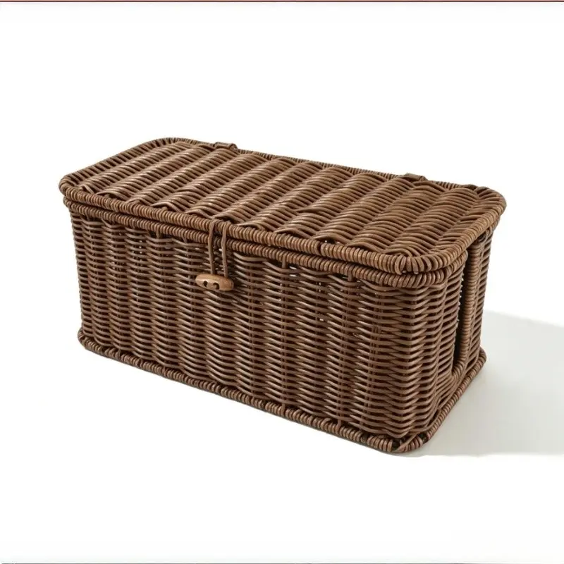Flip-top faux rattan woven storage basket, suitable for under the table, TV, and home office storage, with a lockable lid to keep out babies, children, pets, and protect power outlets and sockets.