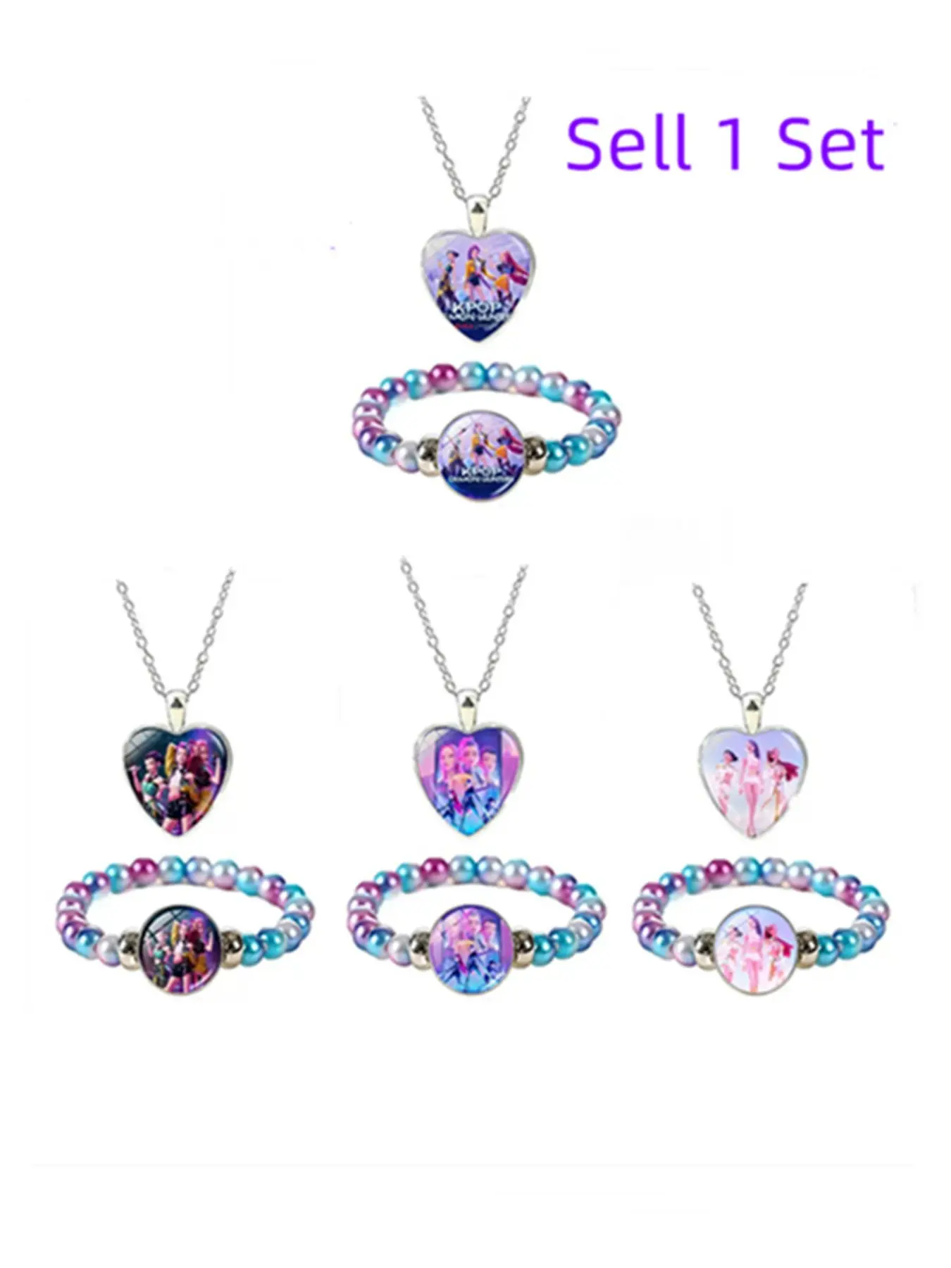 Singing Girls Theme Heart Shaped Cartoon character Necklace & Bracelet Set for Girls, Cute Style Choker Set,Fashion Jewelry for Party, Birthday,Fashion Summer Beach Gift, Holiday Vacation Gift