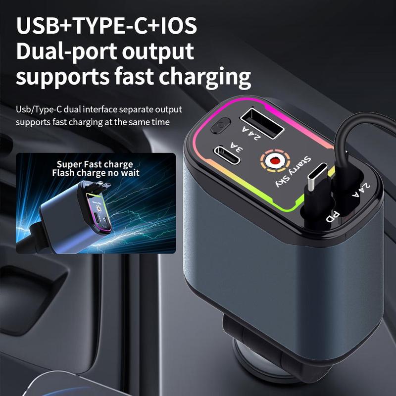 4-in-1 Car Charger, 66W Retractable Car Charger with Star Projector Night Light and LED Decorative Ceiling Light, USB Car Adapter with 2.6ft Retractable Cable Fast Charging Magnetic Wireless Magnetic Charging portable charger