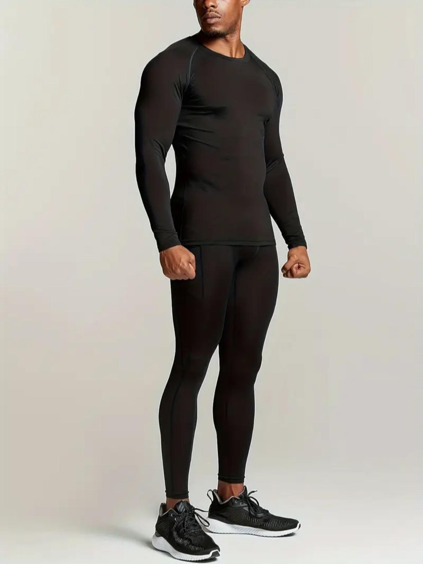 Men's 2-Piece Stretchy Sports Workout Underwear Set with High Elastic Polyester and Spandex Fabric, Long Sleeve Compression Shirt and Pants for Running Basketball Training Work Out Outdoor Activities, Tight Leggings