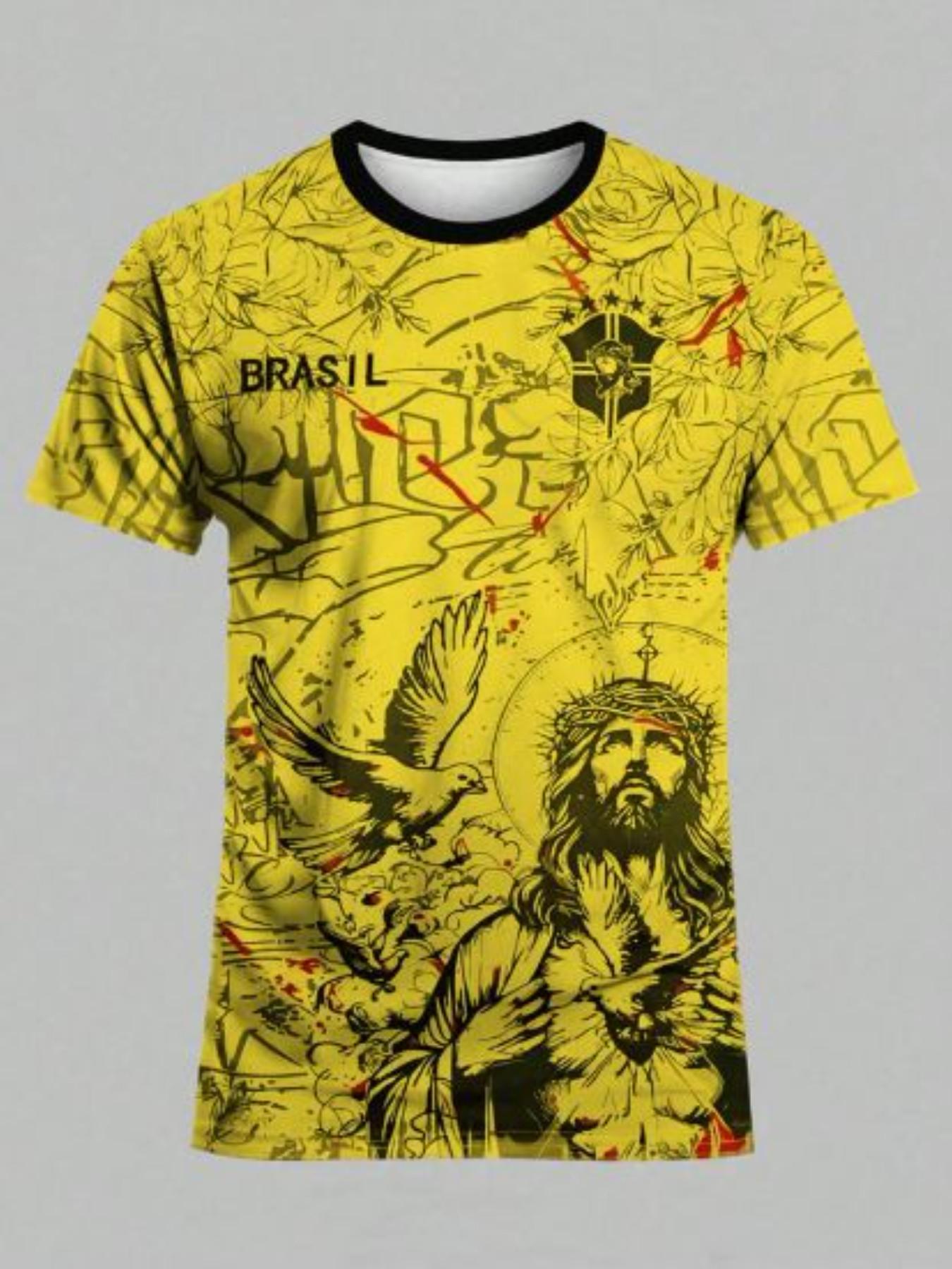 Brazilian Style Men's Soccer Jersey, Comfortable Sporty T-Shirt, All over Print, Slim Fit, Breathable Material, Ideal for Training and Parties