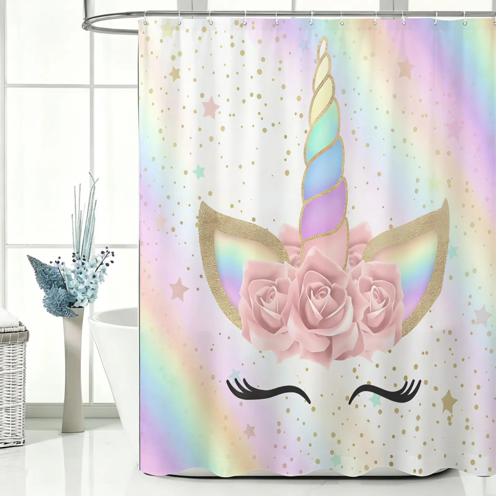 Fashion Gradient Rainbow Dreamy Girl Style Unicorn Print Waterproof Shower Curtain, Comes with 12 Hooks, Bathroom Partition for Wet & Dry Separation, Multi Colors, Ideal Bathroom Gift