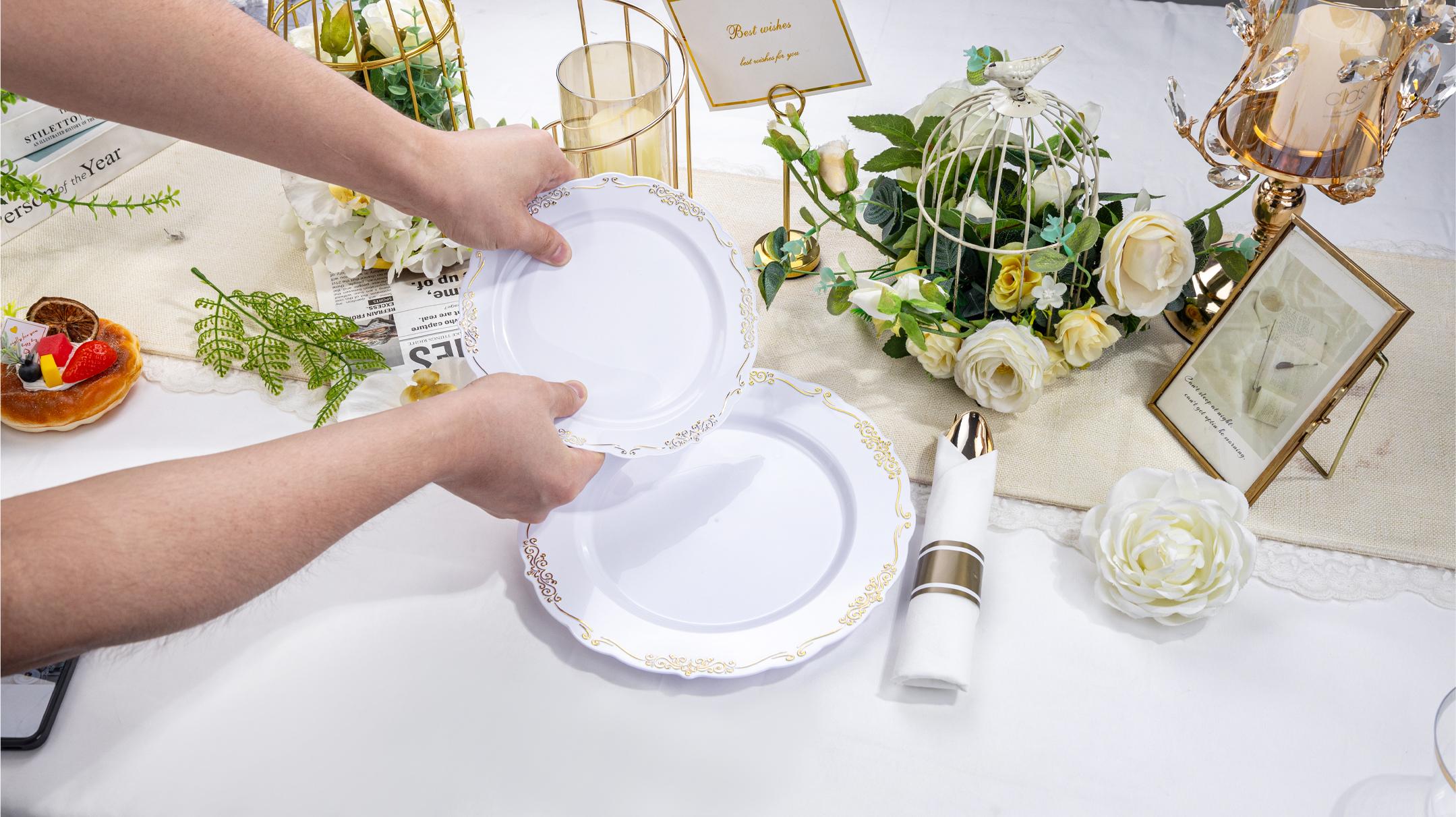 White Gold/Clear Gold/White Silver/Black Gold Plates ware Set: Dinner Plates,Dessert Plates, Cups,Napkins,Knife, forks, spoons-Perfect for Party