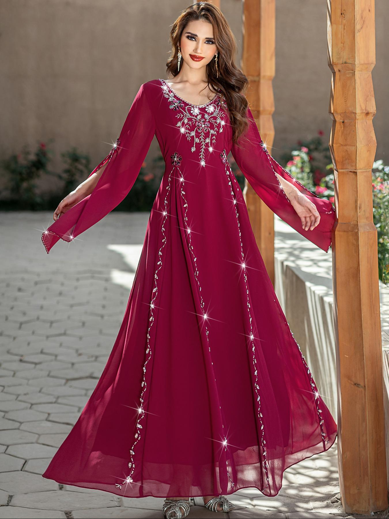 Women's Casual Dress with Rhinestone Beaded Applique, High-End Handmade Embroidery, Long Sleeve Design, Perfect for Daily Wear