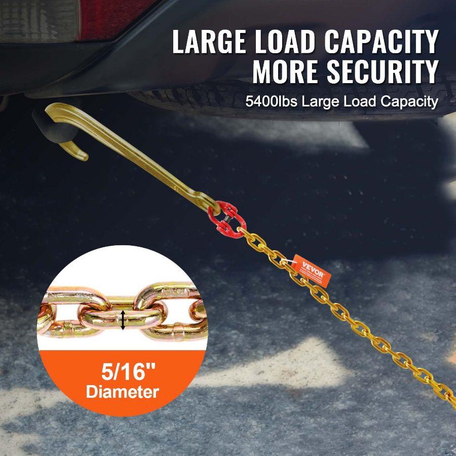 VEVOR G80 Steel J Hook Tow Chain, 5/16x6 ft Metal Chain with 15 Long Shank, RTJ Cluster & Grab Attachments, 5400 lbs Safe Working Load for Wrecker Recovery, Trailer Transport