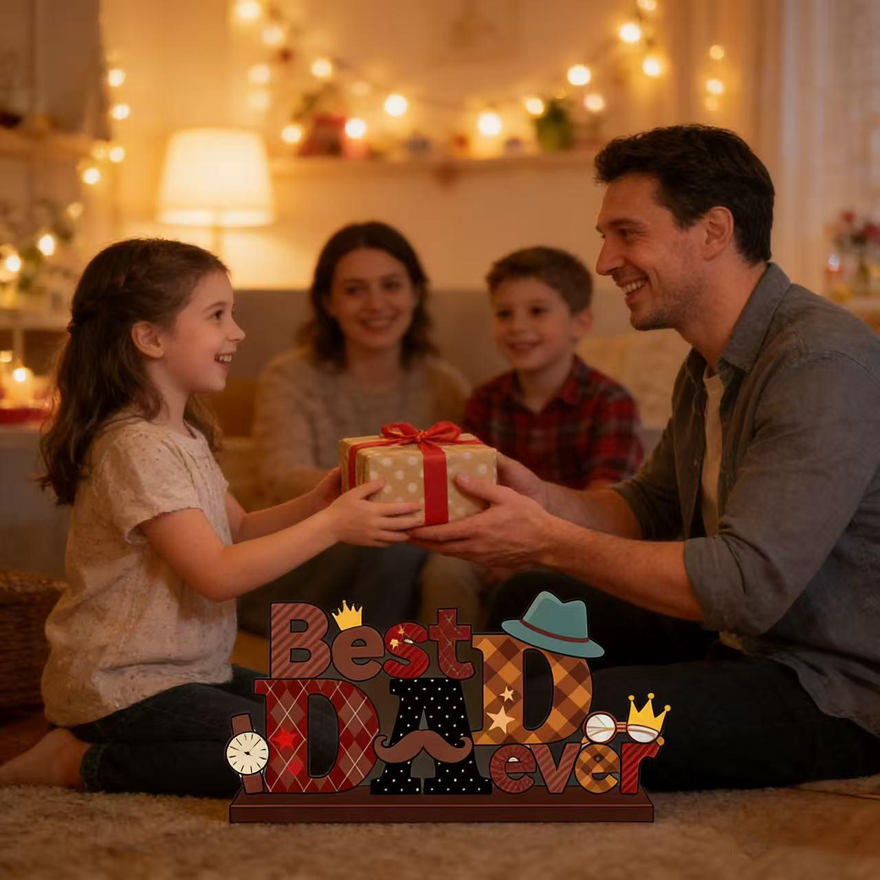 2D Flat Father's Day Table Decor, European Style Wooden Centerpiece, Desktop Sign Decoration, Perfect for Father's Day Party Supplies