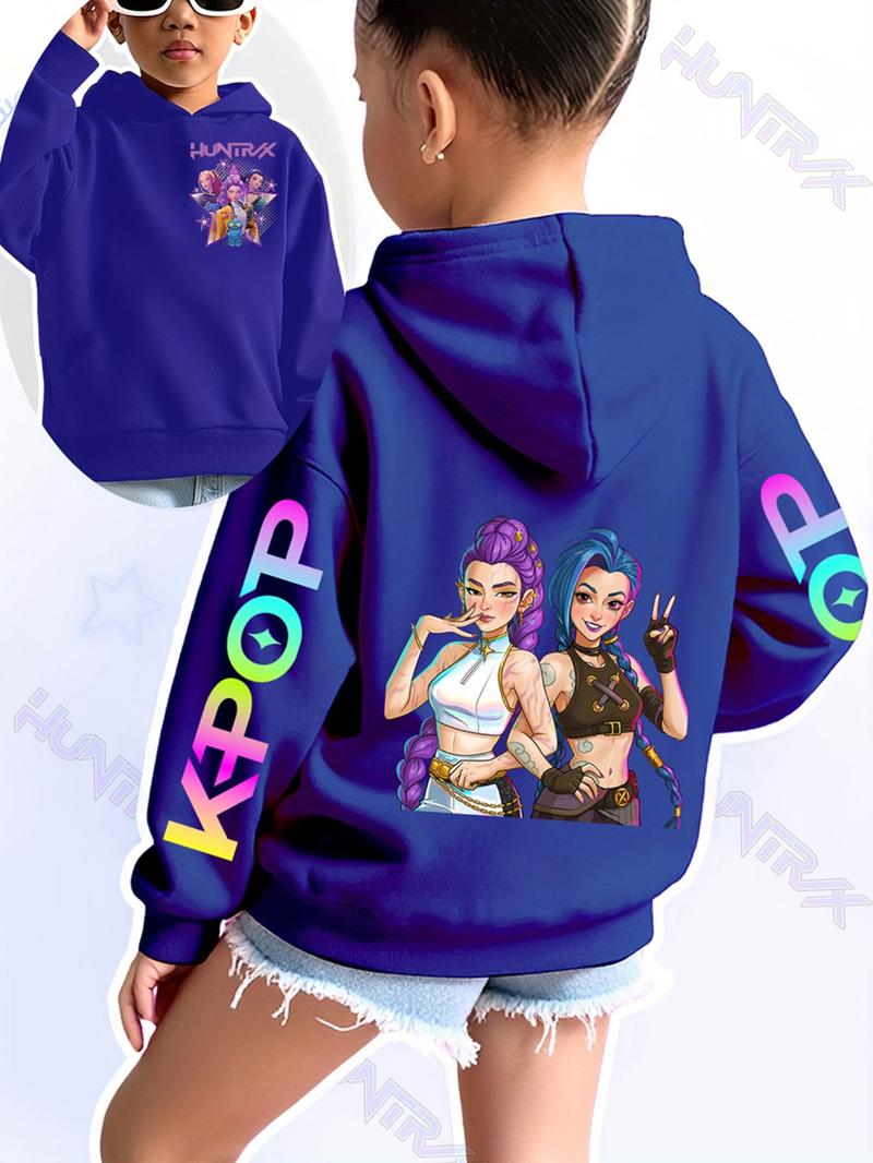 Girls Kpop Demon Hunters Graphic Casual Hoodie, Star Girl Group Pattern, Casual Fit, Autumn Winter Elastic Fabric, Christmas Gift, Fashion School Uniform