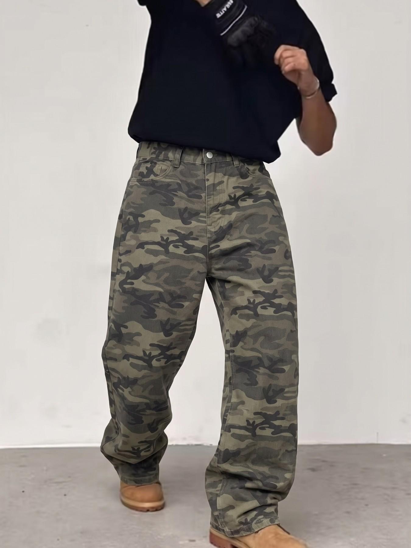 Men's All-Season Classic Jungle Camo Print Loose Fit Straight Leg Denim Mid Waist Jeans, American Vintage Workwear, Street Style Casual Long Pants