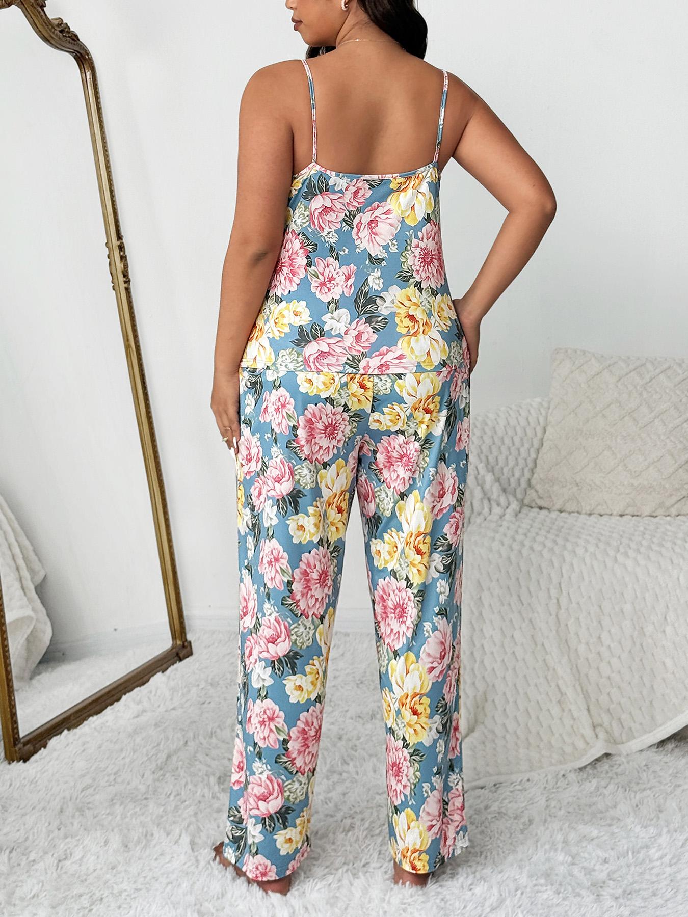 【Plus Size】 Three-Piece Set Floral Print Belted Lounge Robe & Cami Top & Elastic Waist Pants Pyjama Set, Drop Shoulder Long Sleeve Robe & Sleeveless Top & Bow Decor Trousers PJ Set, Women's Sleepwear for Fall, Nightwear Lounge Set, Matching Pj Set