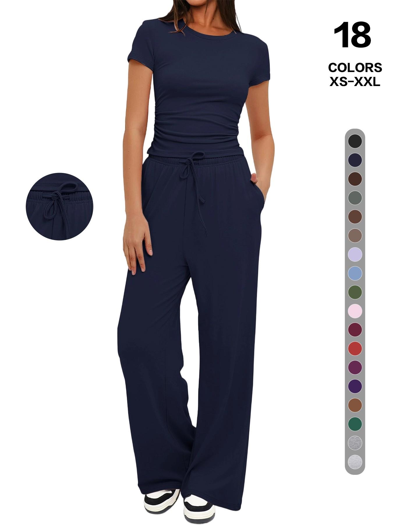 2026 Women's Solid Round Neck Short Tee and Pants, 2- or 6-Piece Set, Casual Comfy Elastic Pajama Set for Women, Cozy Loungewear for Daily Home Wear