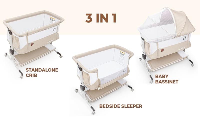Momfann Baby Bassinet Bedside Sleeper, Upgraded Stability Bedside Crib with Full Mesh Sides, Soft Sheet, 6-Height Adjustment, Storage Basket, Easy Folding Portable Bassinet for Newborns, Oatmeal