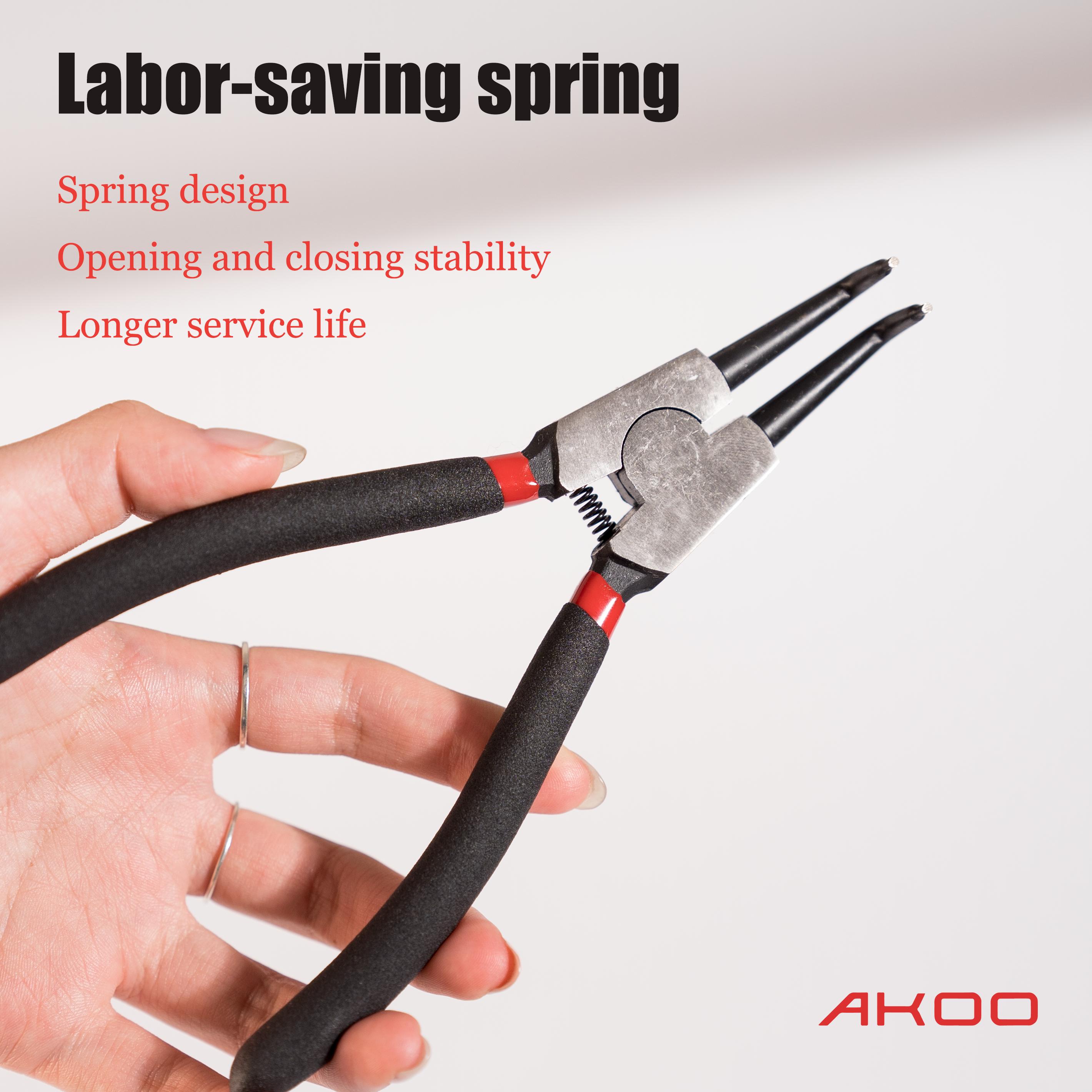 AKOO Snap Ring Pliers Set, 4pcs 7" Internal/External Circlip Pliers Kit with Straight/Bent Jaw, Heavy Duty Precision Spring Loaded Pliers for Ring Remover Retaining and Remove Hoses, Gaskets，Ring Remover Retaining