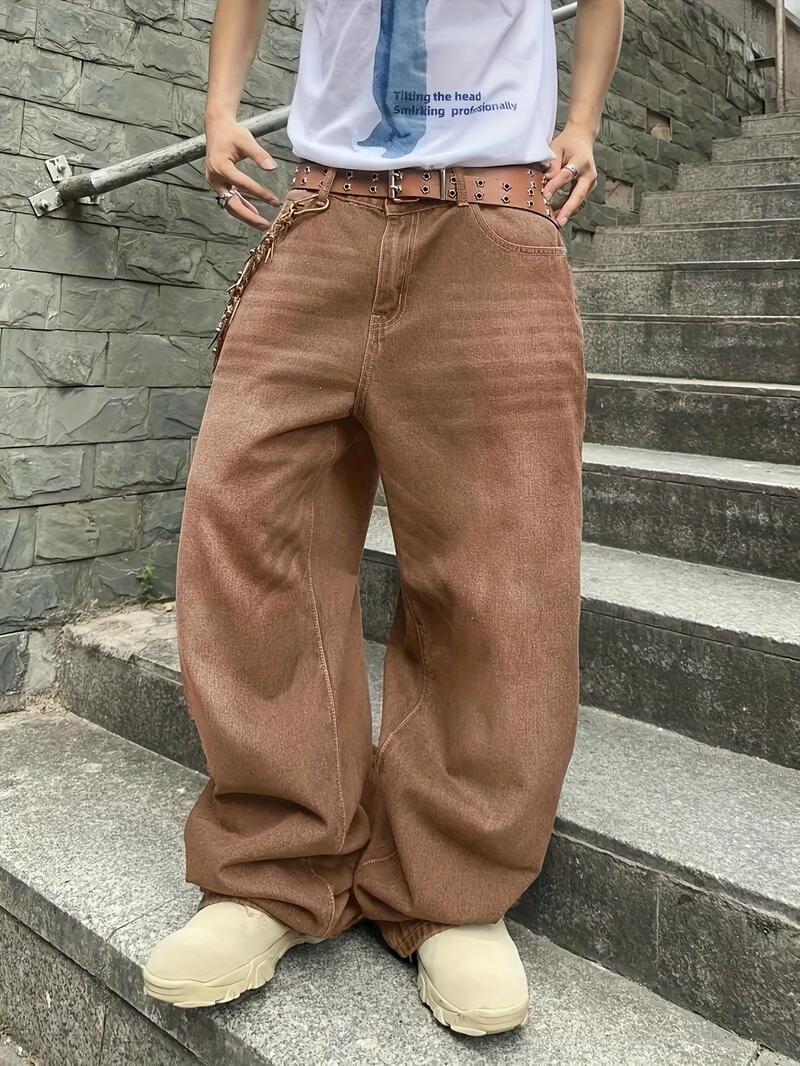 Men's Solid Color Wide-Leg Jeans, Loose, Casual, Stylish and Comfortable Wide-Leg for Daily and Outdoor Wear, Men's Bottoms for All Seasons, Menswear