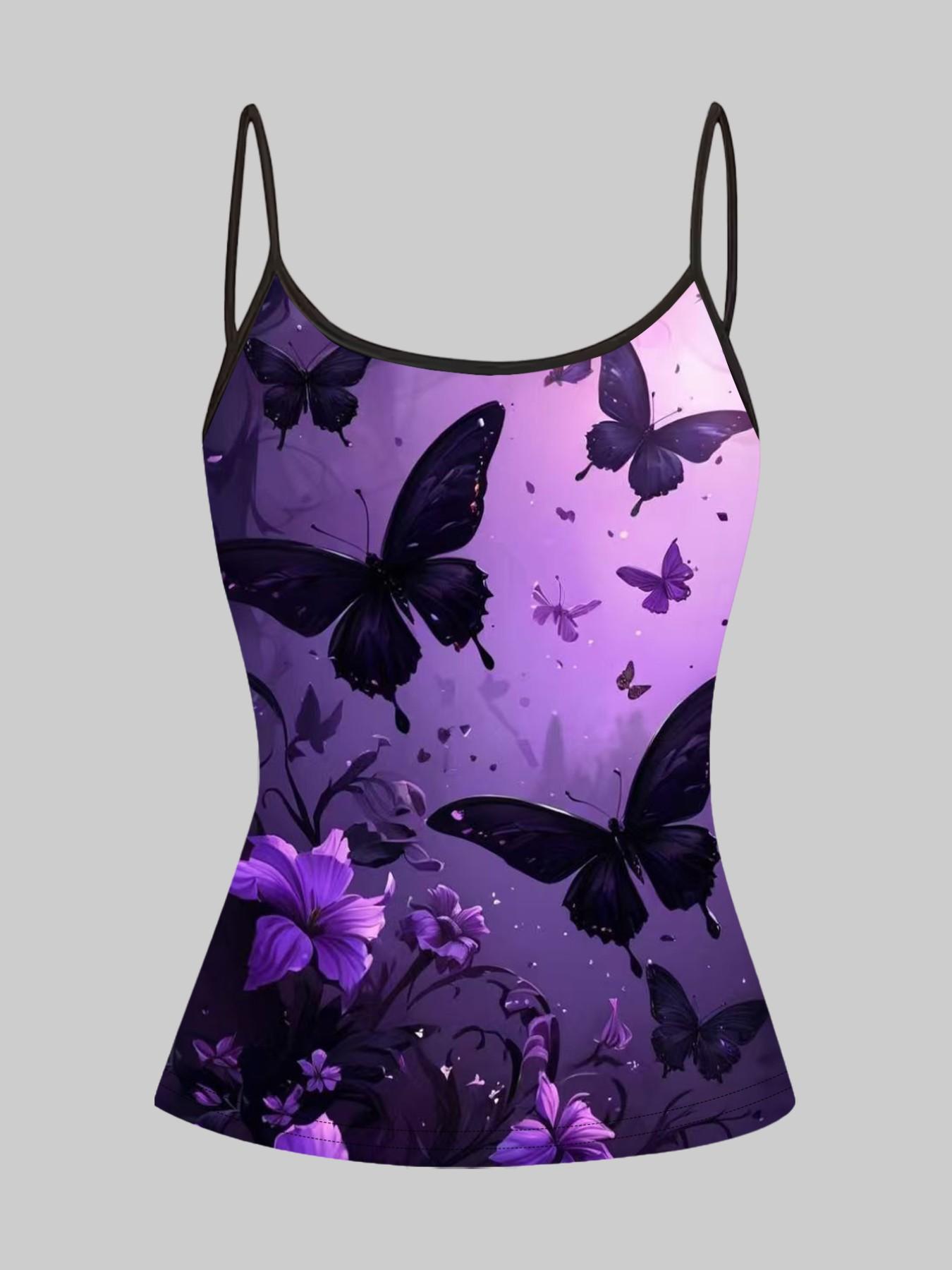 Dark Rose Butterfly Print Strappy Top, Summer Home Wear, Casual Slim-Fit Outerwear, Unique Bodycon Shirt, Four-Piece Set