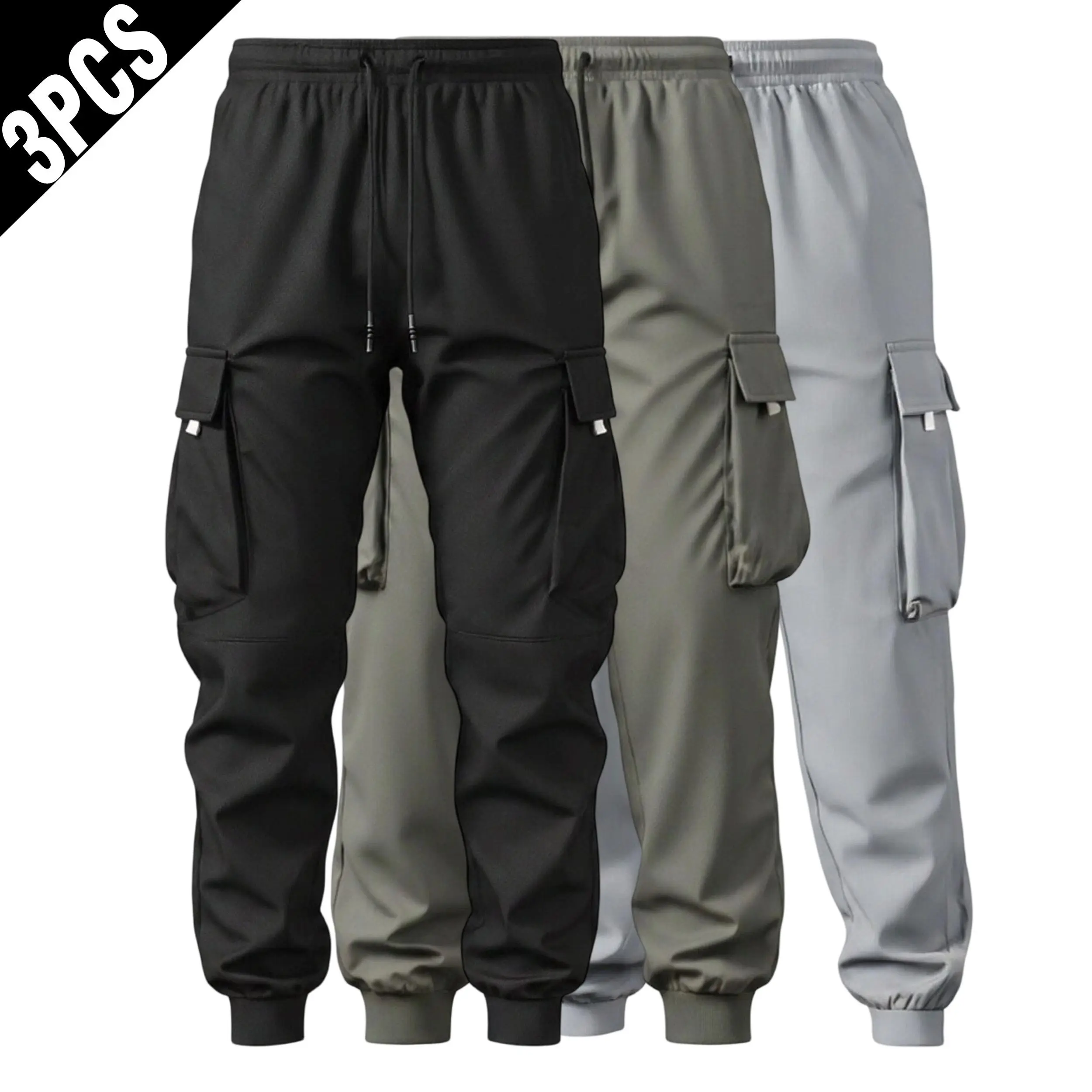 3-Pack Men's Lightweight Cargo Joggers, Loose Fit Cuffed Sweatpants with Elastic Drawstring Waist and Flap Pockets