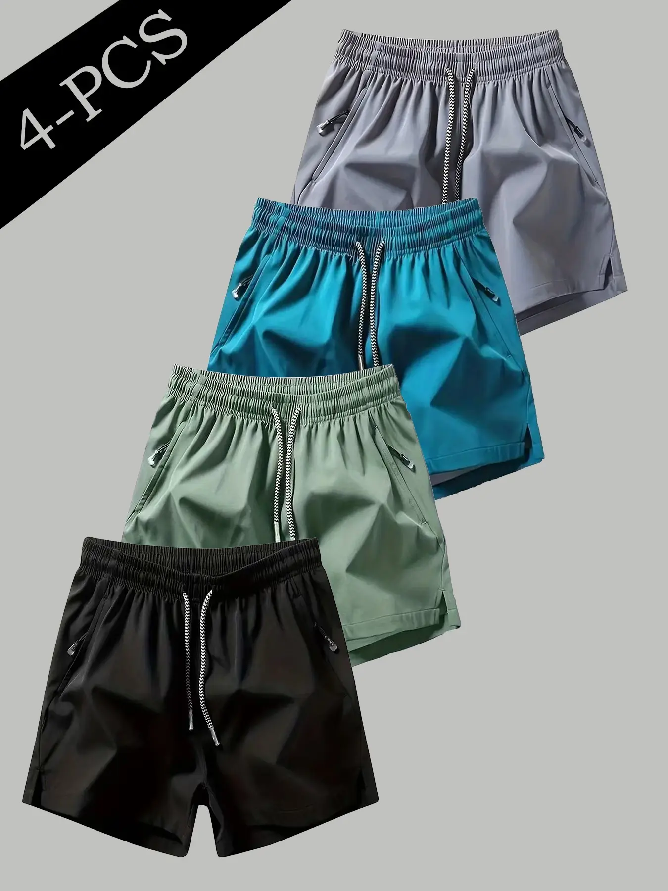 Men's Ice Silk Quick-Dry Shorts, Drawstring Waist, Zip Pockets, Outdoor Running Fitness, Casual Loose-Fit, All Seasons