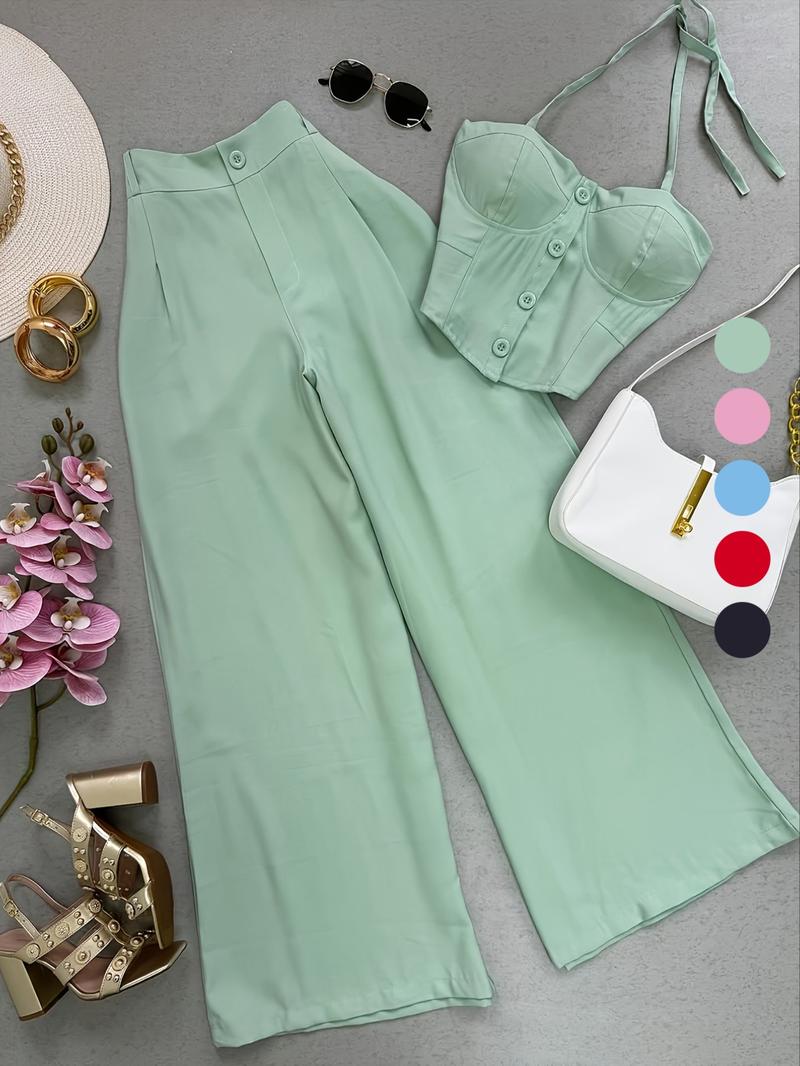 Spring Summer New Women's Fashion Solid Color Two-Piece Set Vest Long Pants, Casual Stylish, Perfect for Daily Wear