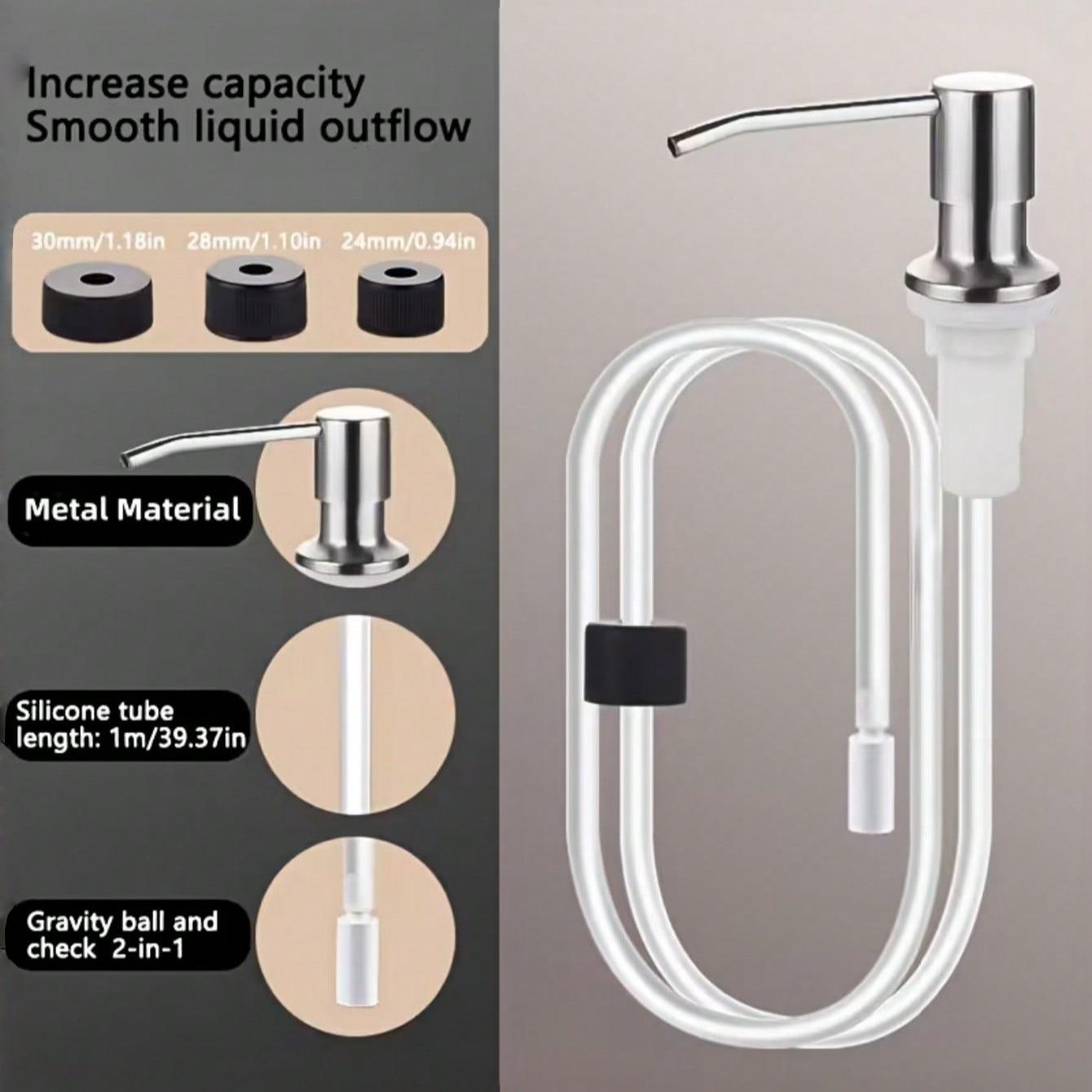 Kitchen Sink Liquid Soap Dispenser Pump Set, Extended Silicone Tube Press Head Kit, Stainless Steel Press Head, Soft Hose Bottle Accessories