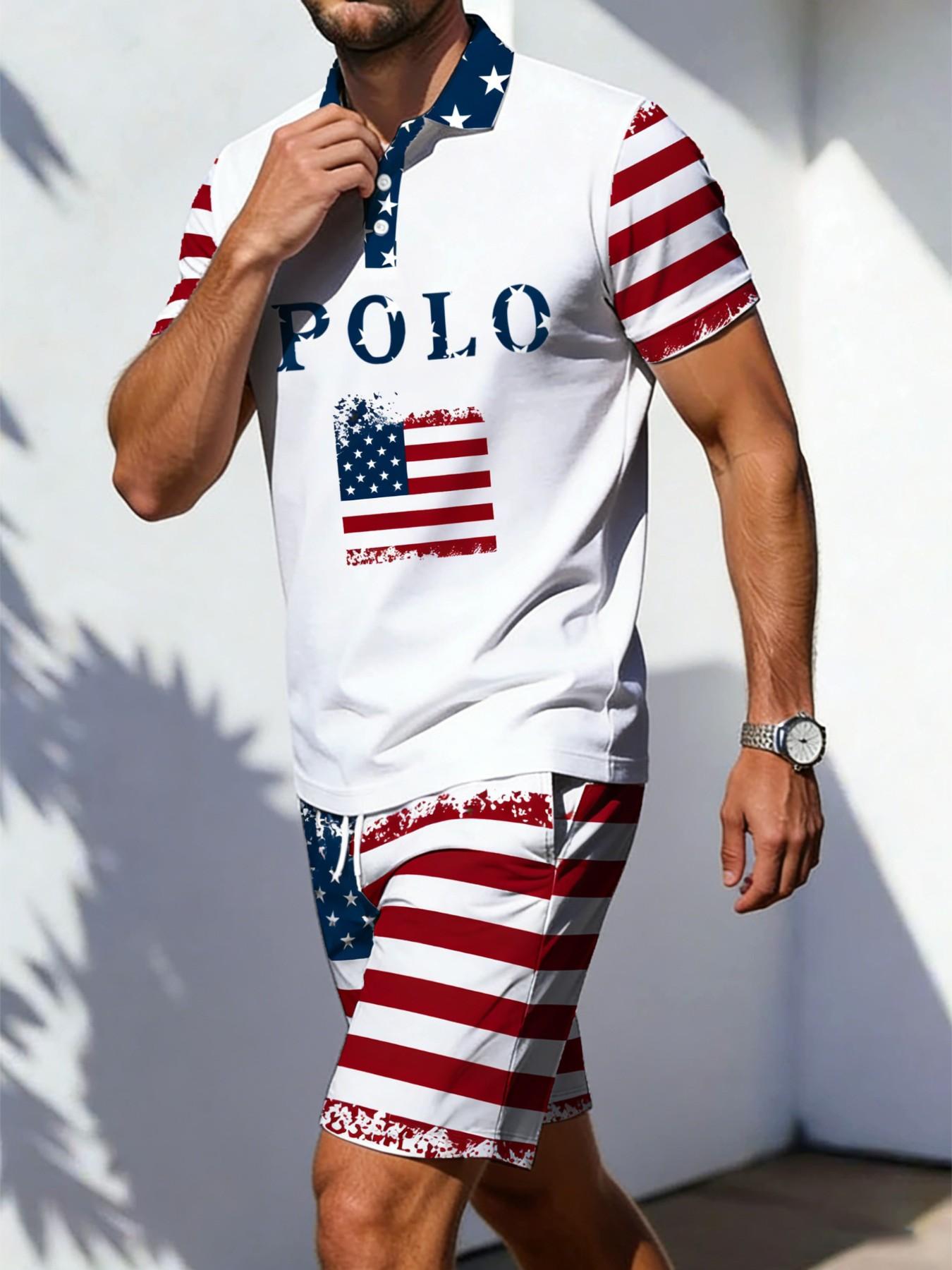 Independence Day Polo Letter Theme Men's Polo Shirt, Star-Spangled Flag Print, Casual Two-Piece Set, Short Sleeve, Loose-Fit Tee and Shorts