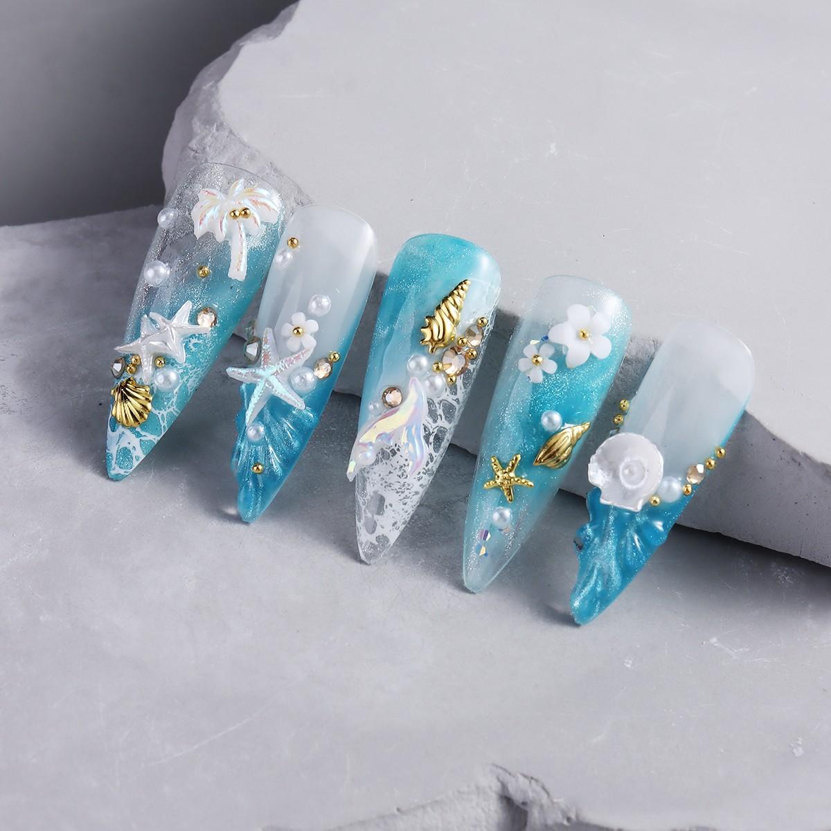 3D Summer Beach Nail Art Set, Rivets, Ocean Shells, Starfish, Mermaid Tail, Coconut Tree, Pearl & Gem Pendants, Y2K Kawaii Style