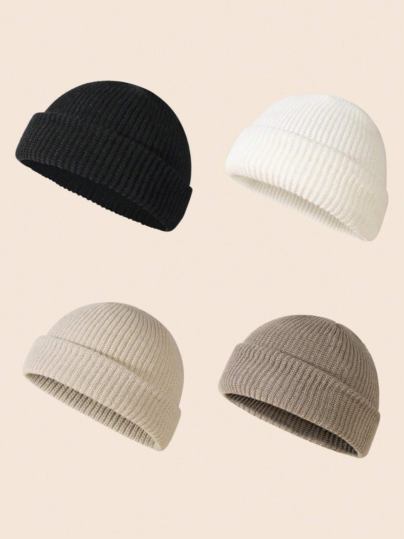 Men's Solid Color Beanie Set, Knit Style, Perfect for Fall & Winter Daily Wear, 4 Piece Pack, Casual Fashion Accessories, Knit Hats, Beanie Fitted
