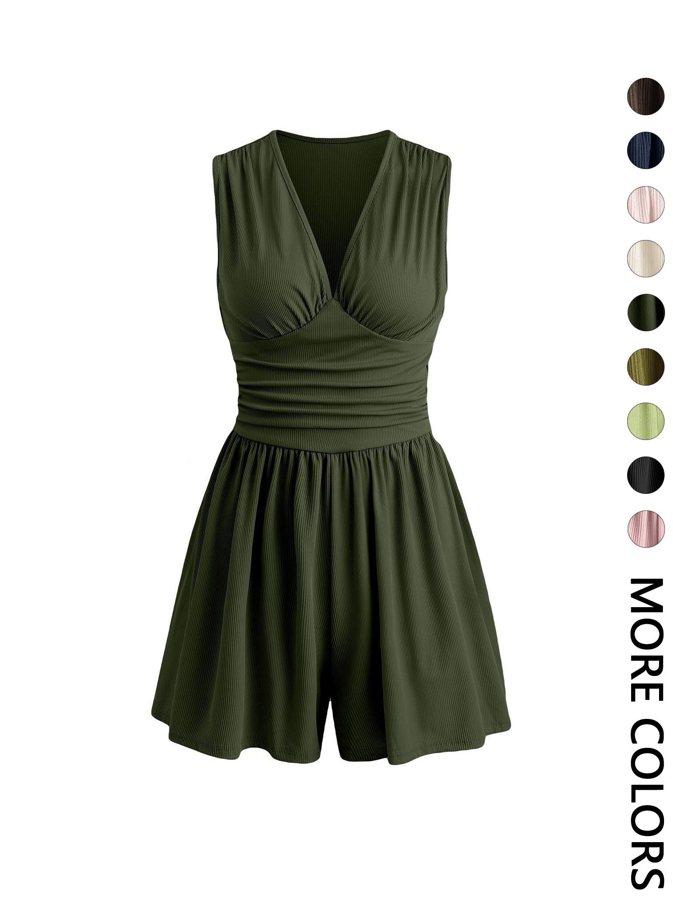Women's Plain Ruched Deep V Neck Short Fitted Tank Romper, Elegant Sleeveless Romper For Summer, Fashion Casual Ladies Womenswear Clothes For Daily Wear Women's Plain Ruched Deep V Neck Short Fitted Tank Romper, Elegant Sleeveless Romper For Summer, Fashion Casual Ladies Womenswear Clothes For Daily Wear