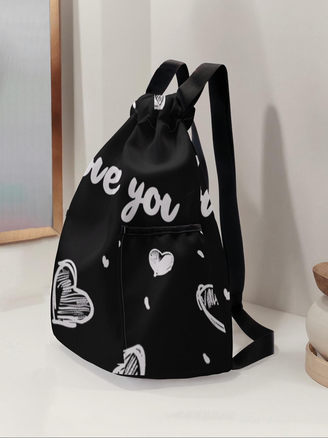 Heart Pattern Drawstring Backpack, Large Capacity Durable Gym Bag, Adjustable Shoulder Straps, Casual Travel Hiking Camping Bag, Workout Sport Bags, Sport Yoga Bag