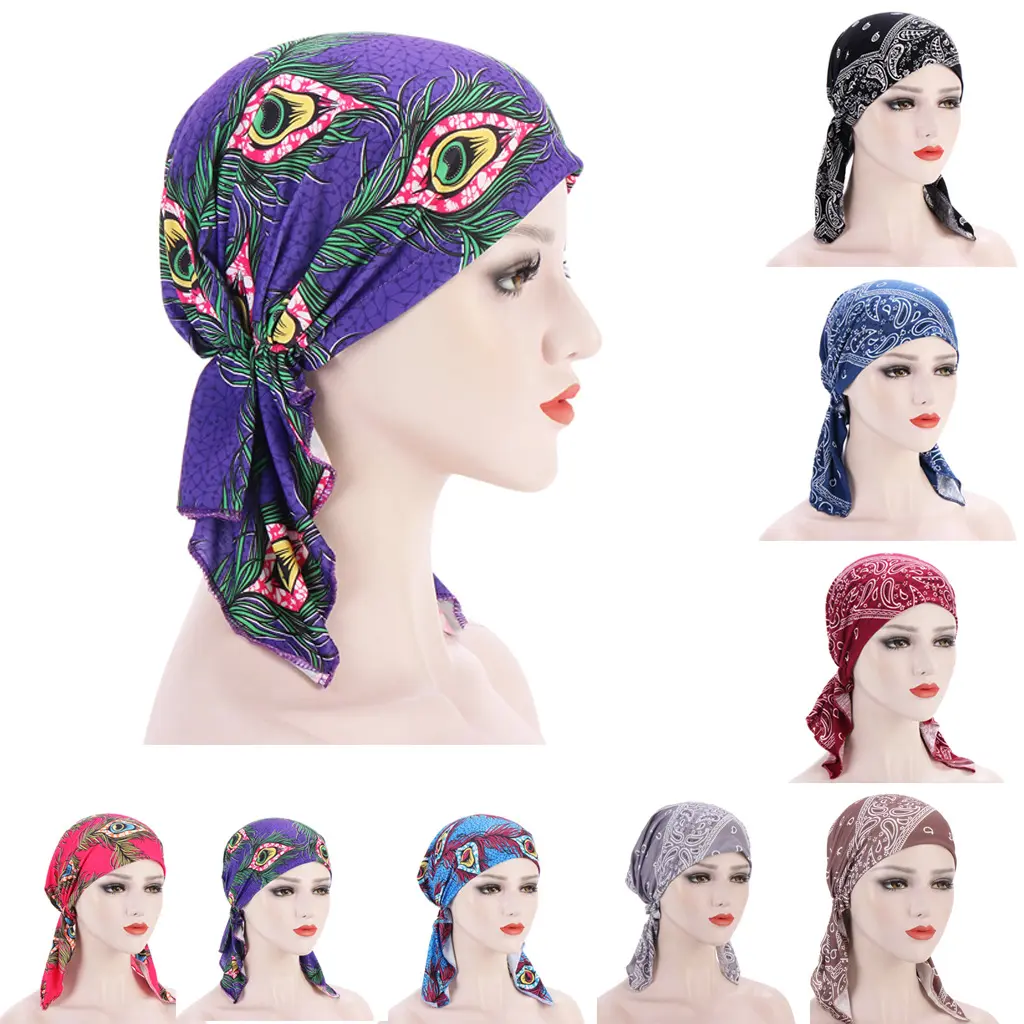 Viral printed tie back pre tied headscarf soft stretch bandana turban lightweight chemo head covering women casual street fashion hair wrap