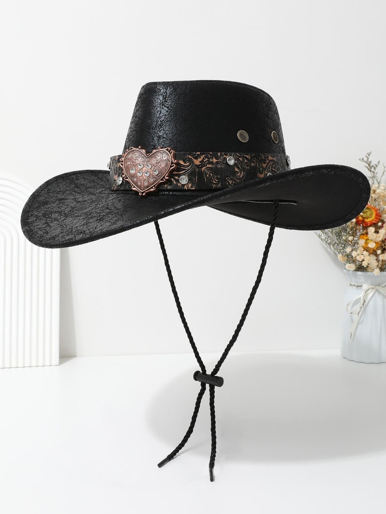 Vintage Heart-Shaped Rhinestone Leather Classic Cowboy Hat, Western Paisley Pattern Sun Hat, Unisex Daily Wear Party Cap