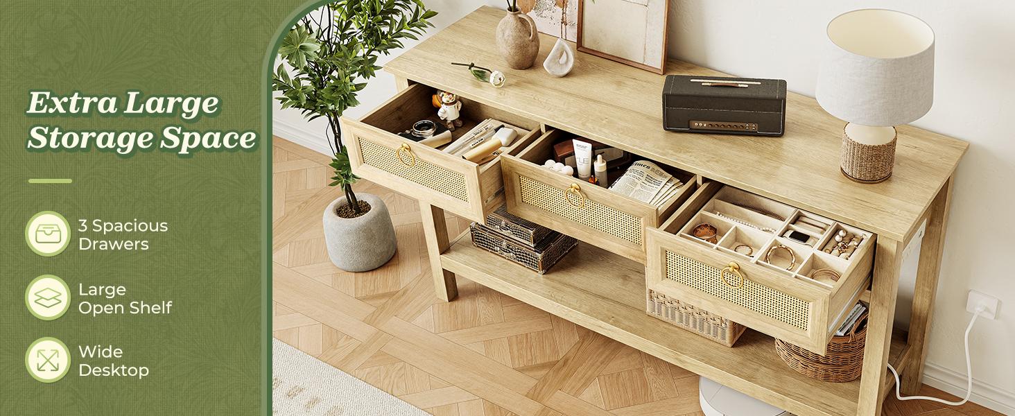 SUPERJARE Rattan Console Sofa Table with Outlets and USB-C Port, 3 Drawer Entryway Table with Synthetic Rattan Surface, Open Shelf, Behind Couch Entry Foyer Hallway Storage