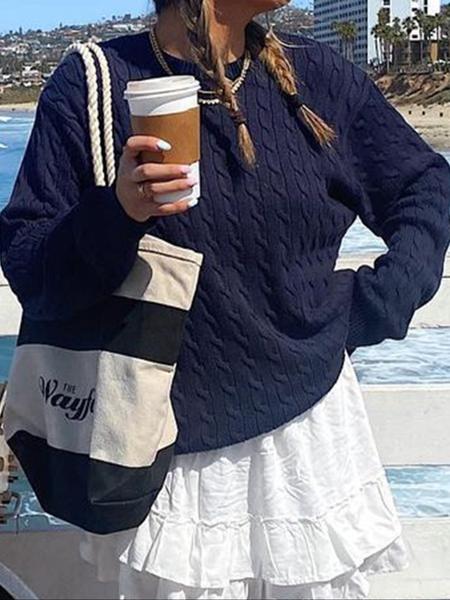 Women's Casual Round Neck Sweater, Plain Color Fitted Knitwear for Fall Season, Daily Commuting Style, Comfortable & Stylish Design