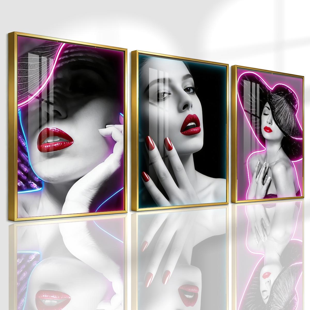 3 Counts Aluminum Alloy Framed Painting, Neon Beauty Portrait Art With Red Lips And Nails, Home Decoration For Living Room, Bedroom, Office, Restaurant, Hallway Wall Decor, Odorless Print Artwork, Luxury Perfect Gift For Friends And Family