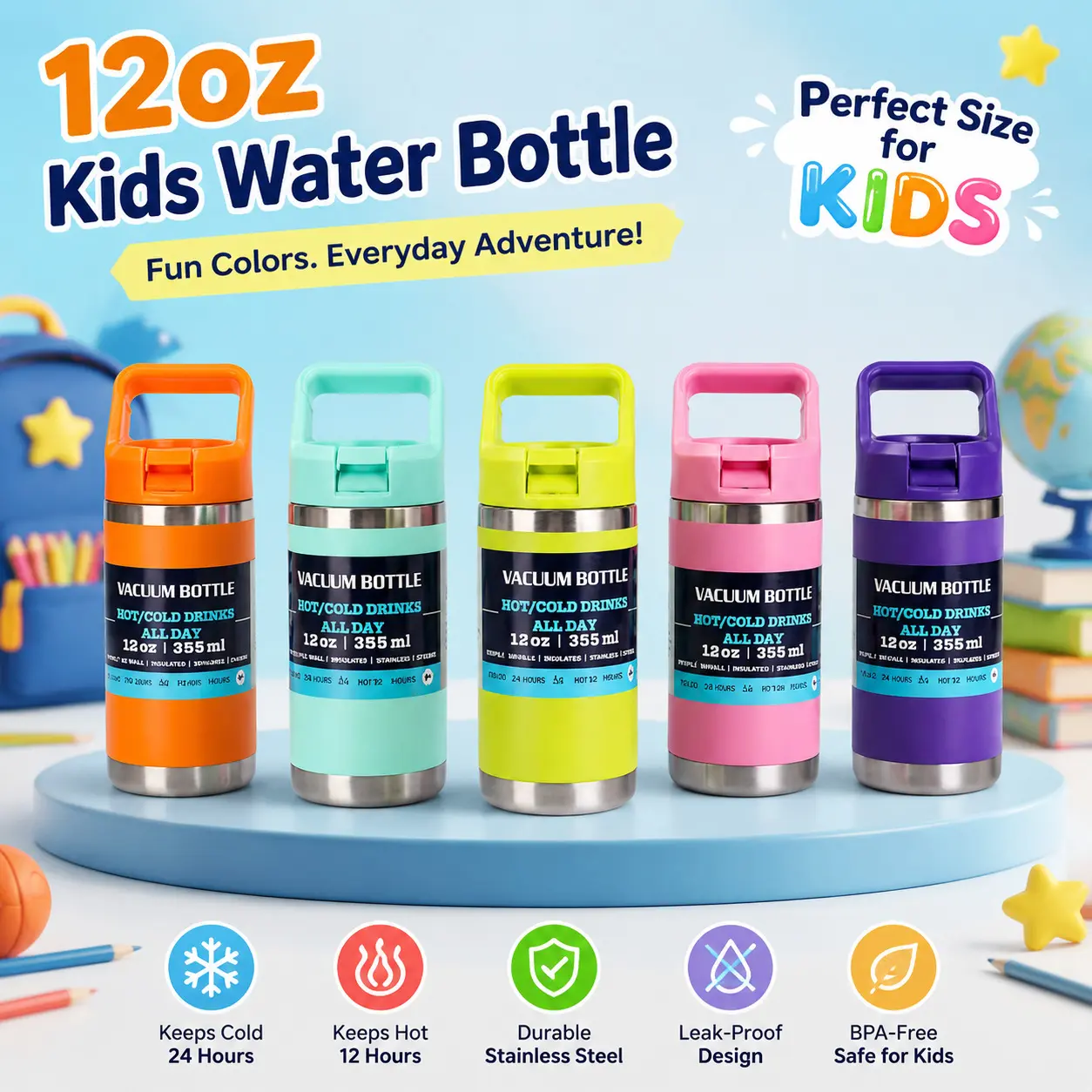25Pack 12oz Kids Stainless Steel Water Bottles, Double Wall Vacuum Insulated Flasks with Handle & Lid, Powder Coated & Laser Engraving Ready, Wholesale Drinkware for Sports, School & Gifts