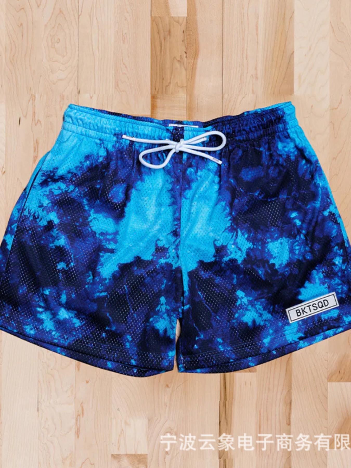 Men's Bktsqd Spray Paint Style Shorts, Loose Fit Sporty Casual Mesh Quick-Dry Basketball Pants, American Fashion Under Knee