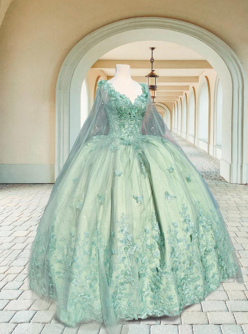 NO.41 Flowers and Metallic Lace Sparkle Tulle Quinceañera Dress With a cape bodycon party plain mature blue dress quince sequin dress Formal Womenswear party maxi Wedding Ceremony