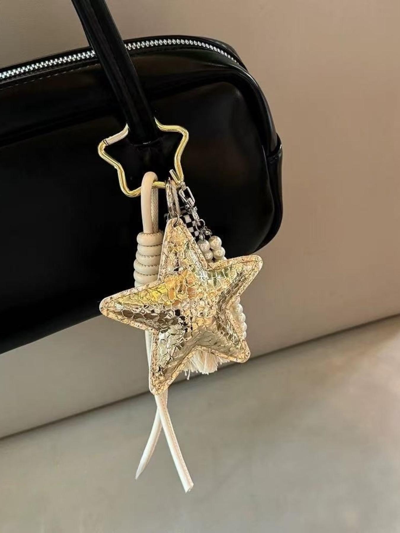 Gold Silver Color Pearl Sequin Star Bag Charm, Style Keychain Pendant, Book Decoration Accessory, Fashion Jewelry Gift, Sparkly Bag Charm