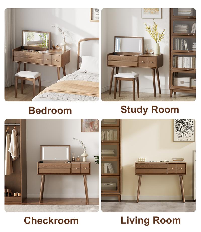 【Eco-Friendly】Elegant Handicraft Vanity, 100% Solid Wood - NO MDF, with Mirror and Lights, Dressing Vanity Table, Large Wooden Make Up Vanity Table for Bedroom (with Adapter) 【Eco-Friendly】Elegant Handicraft Vanity, 100% Solid Wood - NO MDF, with Mirror and Lights, Dressing Vanity Table, Large Wooden Make Up Vanity Table for Bedroom (with Adapter)