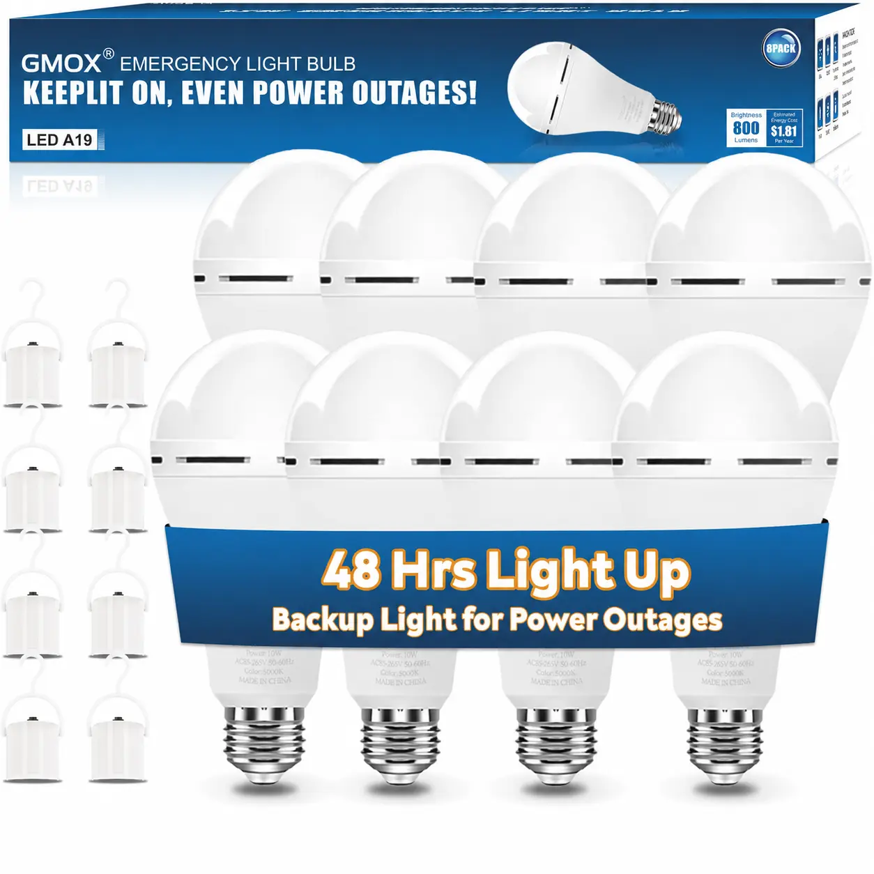 GMOX 8 Pack Emergency Rechargeable Light Bulbs, 48H Long Lasting & 3 Brightness Power Outage Lights,12W 5000K Battery Backup Emergency Light Bulbs for Home Power Failure Hurricane