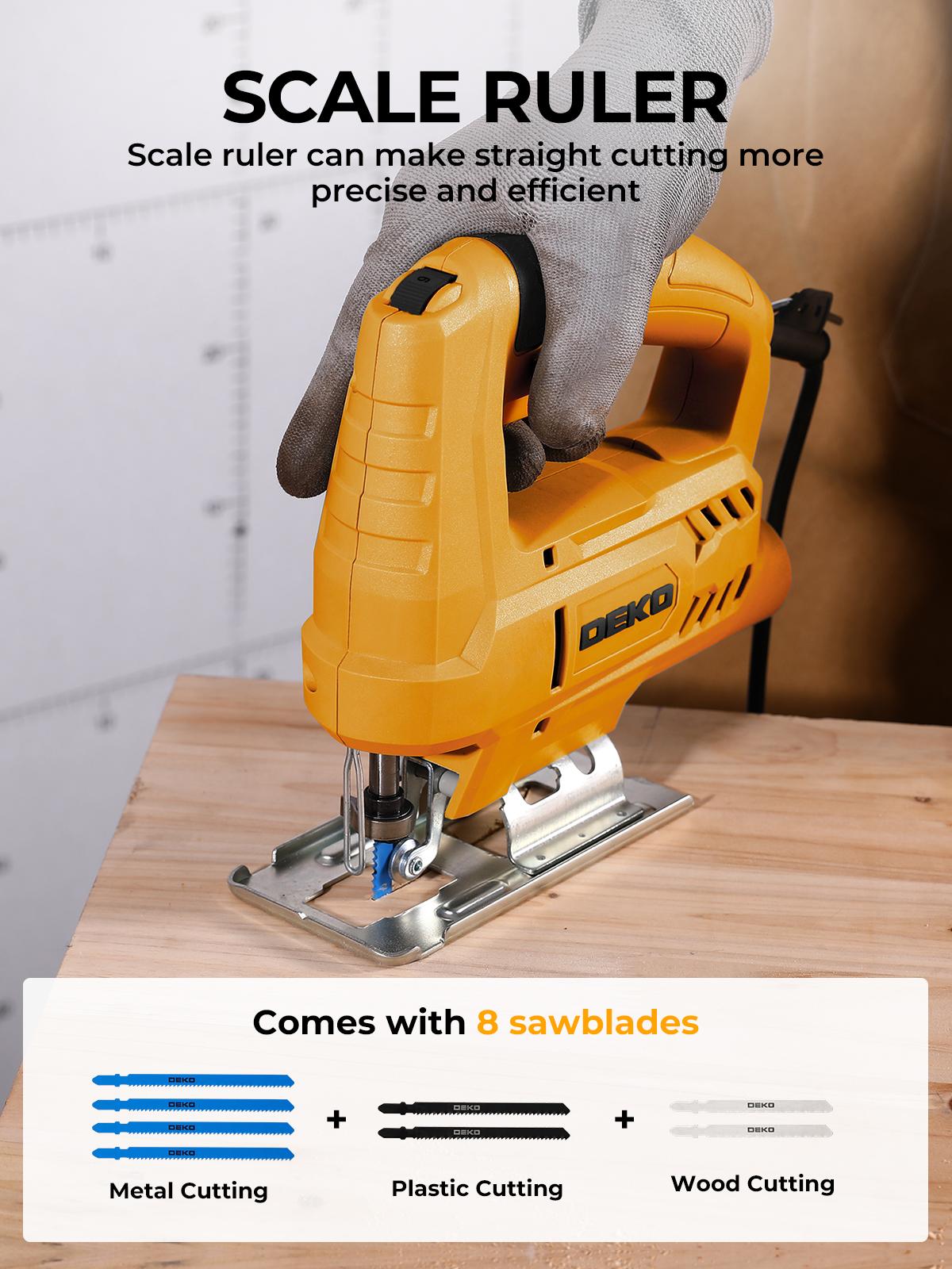 DEKO 400W Electric Jigsaw | 8 Blades Included | 0-3000RPM Variable Speed | 45° Bevel Cutting | Multi-Purpose Power Tool for Wood, Metal & DIY | Professional Cutting Saw