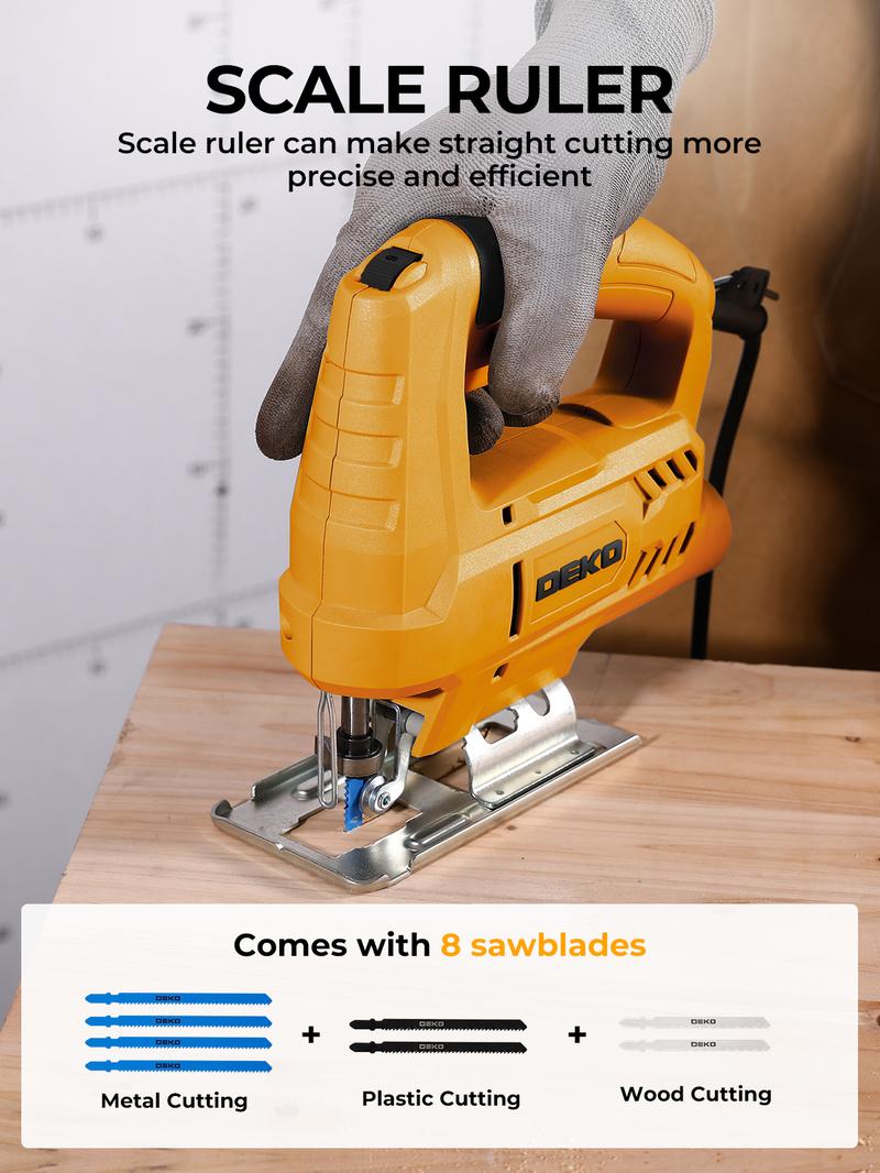 DEKO 400W Electric Jigsaw | 8 Blades Included | 0-3000RPM Variable Speed | 45° Bevel Cutting | Multi-Purpose Power Tool for Wood, Metal & DIY | Professional Cutting Saw