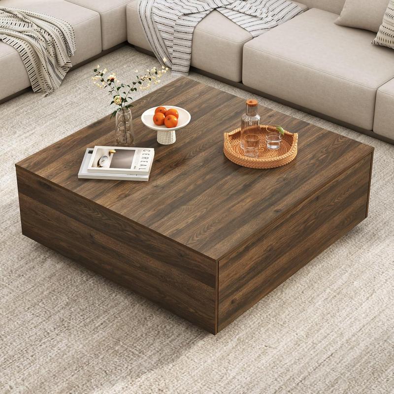 Square Coffee Table with Storage, Modern Large Square Center Table with 2 Drawers, Wood Coffee Table for Living Room, Walnut/Light Brown