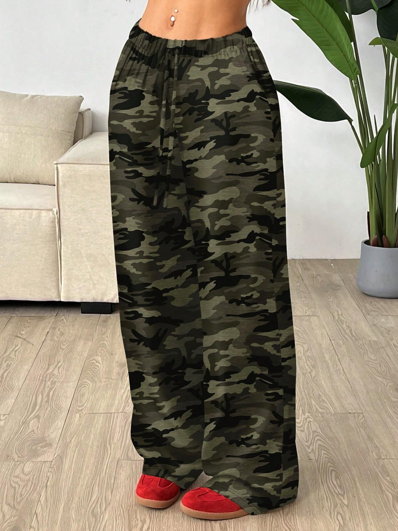 Trendy Camouflage Star Print Wide Leg Pants, High Waist Drawstring Elastic Waist Street Style, Multiple Colors Available