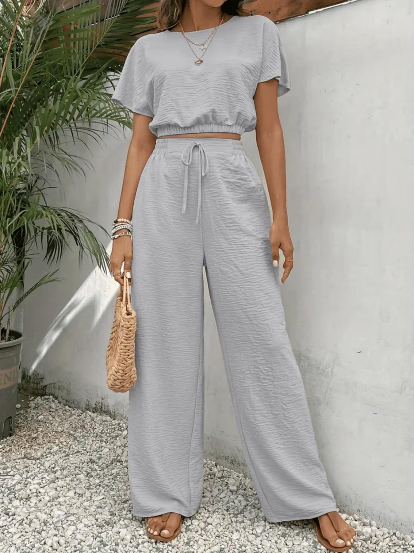 Women's Solid Color Top & Wide Leg Pants Two-piece Set, Casual Round Neck Top & Elastic Waist Drawstring Trousers for Summer, Ladies Clothes for Daily Wear, Womenswear Women's Solid Color Top & Wide Leg Pants Two-piece Set, Casual Round Neck Top & Elastic Waist Drawstring Trousers for Summer, Ladies Clothes for Daily Wear, Womenswear