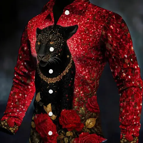 Men's Long Sleeve Lapel Shirt, Black Leopard and Burgundy Rose Print Casual Top, Graphic Shirts for Daily Wear, Parties, and Commuting