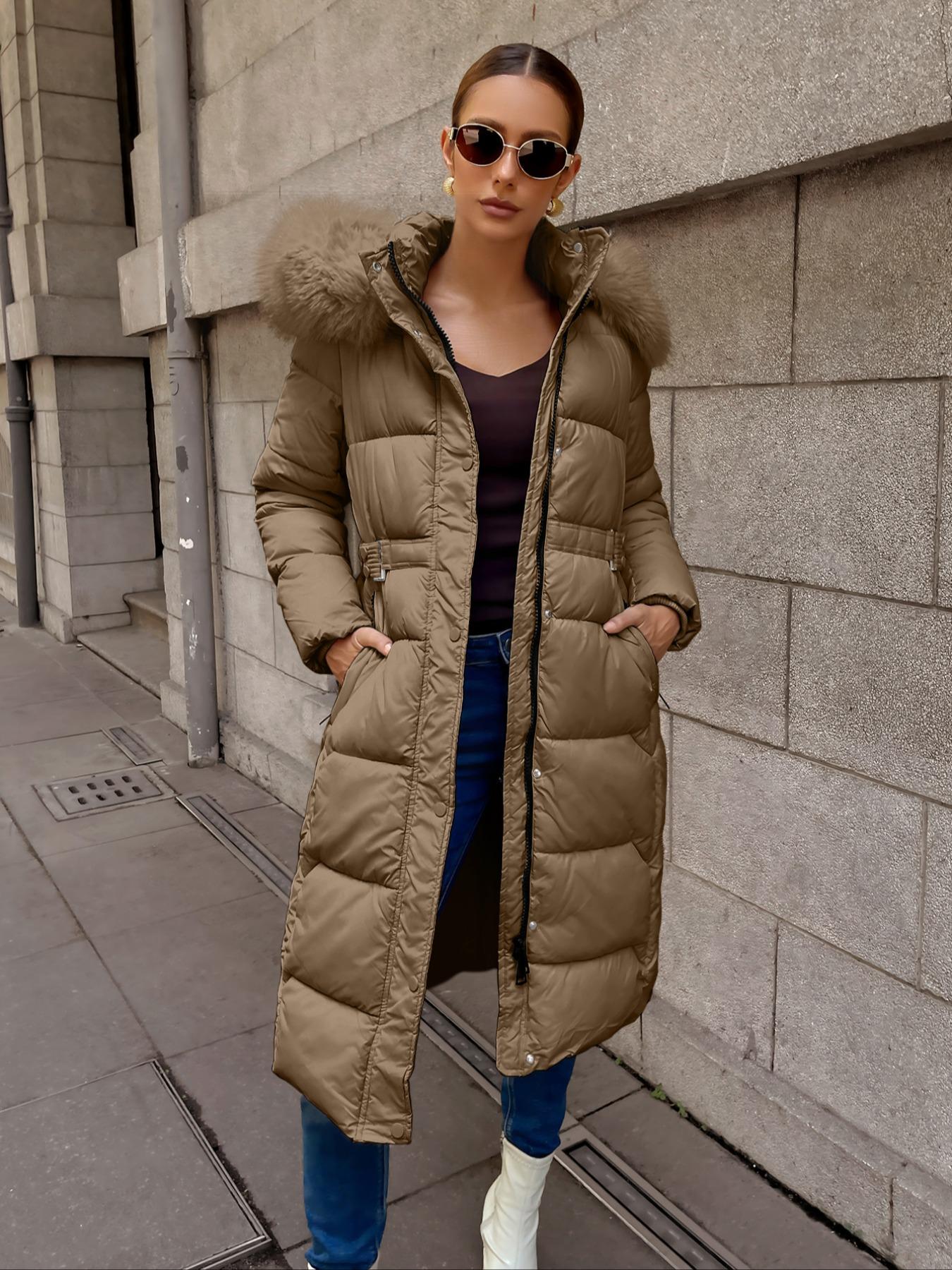 Women's Plus Size Winter Cotton Jacket, Hooded Warm Outdoor Commuter Coat with Fur Collar, Pocket Zipper, Waist Belt, Long Sleeve