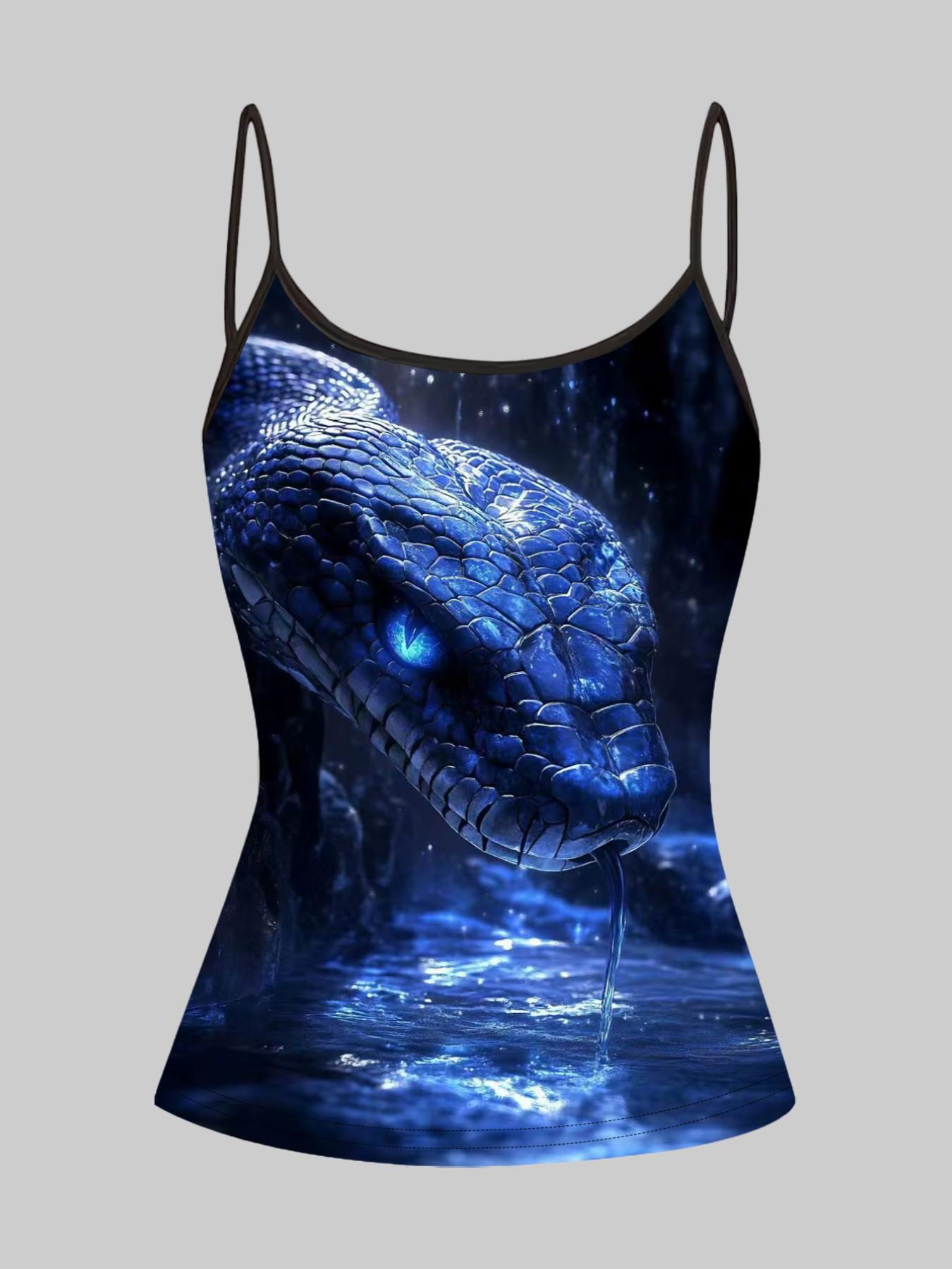 Colorful Snake Print Strappy Top, Summer Home Wear, Casual Slim-Fitting Outerwear, Unique Bodycon Shirt, Four-Piece Set