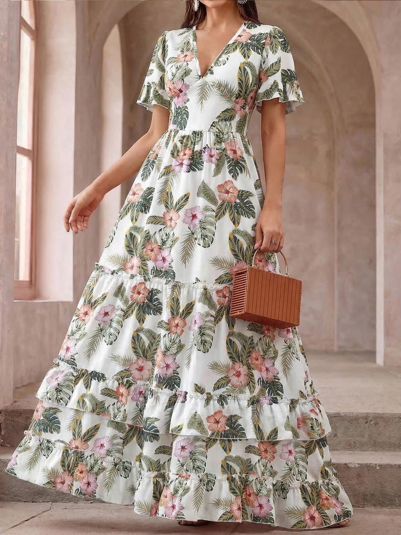 Summer Striped Dress, Layered Cake Dress, V Neck Long Dress, Bell Sleeve, a Line, Ruffle, Elegant, Casual, Retro, Vacation, Commute, Travel