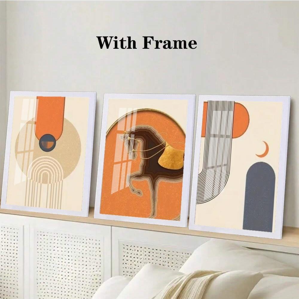 3-Piece Optional Wooden Frame Modern Bohemian Abstract Geometric Line Art Poster Waterproof Material HD Color Print High Color Accuracy Room Entrance Dining Decor