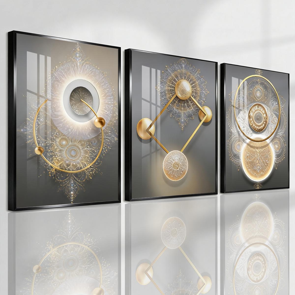 3 Counts Aluminum Alloy Framed Painting, Golden Abstract Geometry Light Art, Home Decoration For Living Room, Bedroom, Office, Restaurant, Hallway Wall Decor, Odorless Print Artwork, Luxury Perfect Gift For Friends And Family